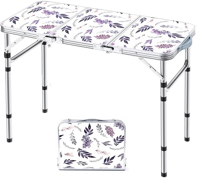 Yriuat Folding Camping Table 3ft Portable Picnic Table Adjustable Height Small Card Table Aluminum Foldable Lightweight with Carry Handle for Outdoor Indoor Hiking Camp BBQ Beach (Misty Lilac)