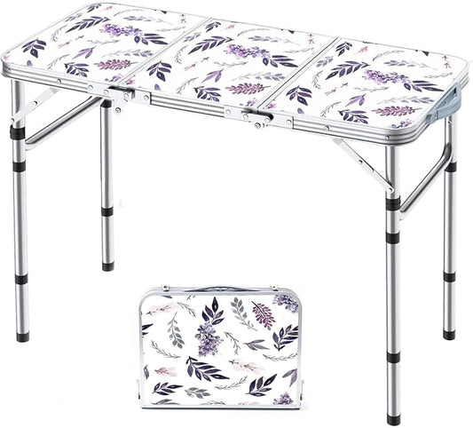 Yriuat Folding Camping Table 3ft Portable Picnic Table Adjustable Height Small Card Table Aluminum Foldable Lightweight with Carry Handle for Outdoor Indoor Hiking Camp BBQ Beach (Misty Lilac)