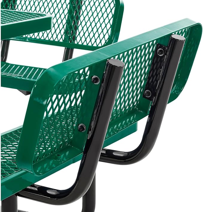 Global Industrial 46" Square Picnic Table with Backrests, Expanded Metal, Green Thermoplastic Coating, 1-1/2" Umbrella Hole, Outdoor-Rated, 1000 Lbs Capacity