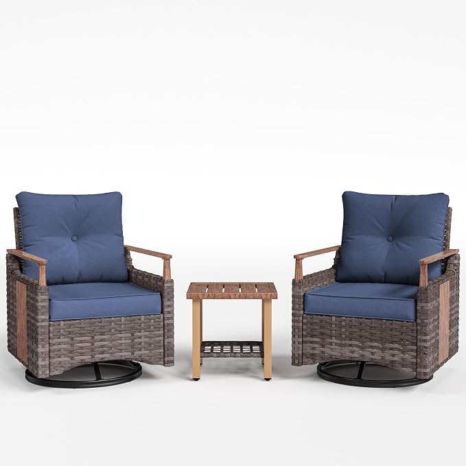 NestNook 3 Pieces Patio Furniture Set, Outdoor Bistro Set, 2 Swivel Glider Chairs with Modern Side Table, All-Weather Handwoven PE Wicker Seating and Thick Cushion for Balcony, Bistro & Porch, Blue