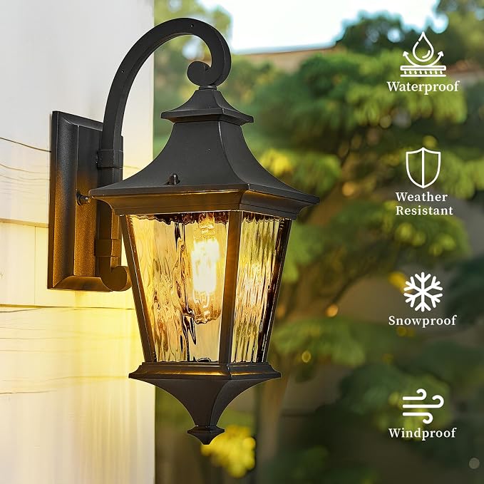 Outdoor Wall Sconce 14.6 Inch Height Aluminum Exterior Lighting Fixtures with Water Ripple Glass E26 Socket and Black Finish