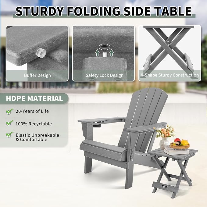 FUNBERRY Outdoor Folding Adirondack Side Table, Patio End Table | No Assembly, Portable, HDPE All Weather, No Rot, No Rust, No Crack, Save Space, Easy-Clean for Indoor or Outdoor