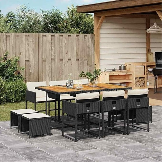 Afuera Living 11 Piece Poly Rattan Garden Dining Set, Black and Brown Finish, Acacia Wood Table, UV-Resistant PE Rattan, Removable Cushions, Seats 10, Outdoor Patio Furniture for Backyard or Sunroom