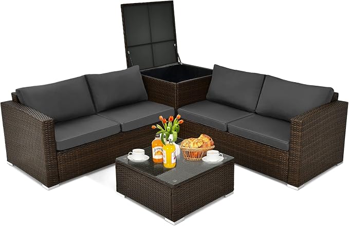 Tangkula 4-Piece Patio PE Wicker Furniture Set, Patiojoy Outdoor Sectional Sofa Set with Storage Box and Tempered Glass Tabletop, All-Weather PE Rattan Conversation Set with Removable Cushions (Grey)