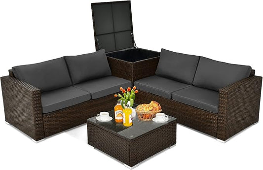 Tangkula 4-Piece Patio PE Wicker Furniture Set, Patiojoy Outdoor Sectional Sofa Set with Storage Box and Tempered Glass Tabletop, All-Weather PE Rattan Conversation Set with Removable Cushions (Grey)