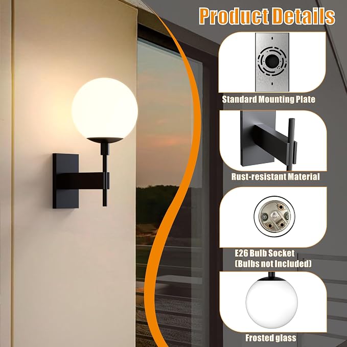 Hyunbae Modern Globe Outdoor Wall Sconce, 18.1" Large Black Porch Lights | E26 Front Porch Light, White Globe Glass Shade, IP65 Waterproof Exterior Lighting Fixtures, Garage Patio Entryway Use