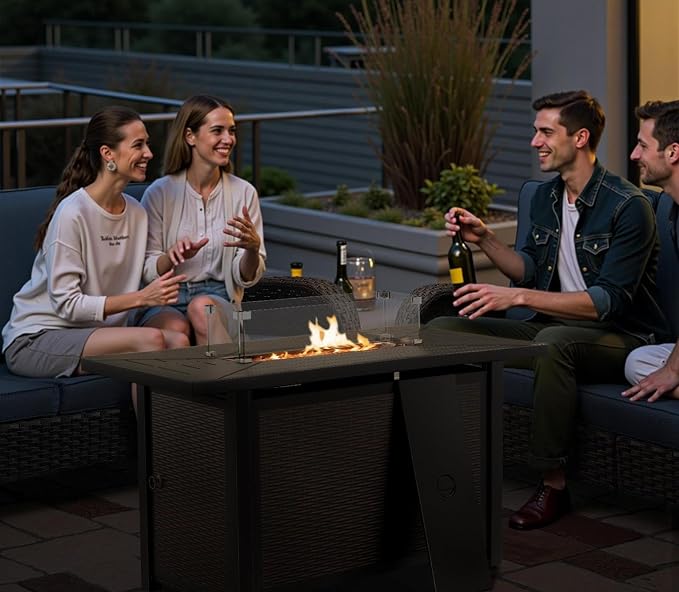 Belord 8 Piece Patio Furniture Set with 43" Fire Pit Table - Wicker Patio Conversation Set with Swivel Rocker Chairs and Sofa for Deck Outside Backyard Black