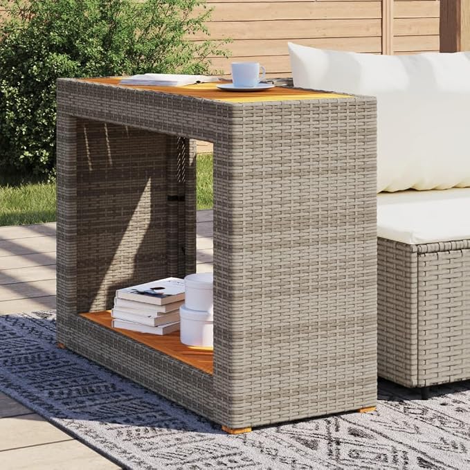 Patio Side Table with Wooden Top Gray 39.4"x15.7"x29.5" Outdoor Furniture Poly Rattan Side Tables for Patio, Garden, Backyard, Stable and Durable, Easy to Clean, Modern Design