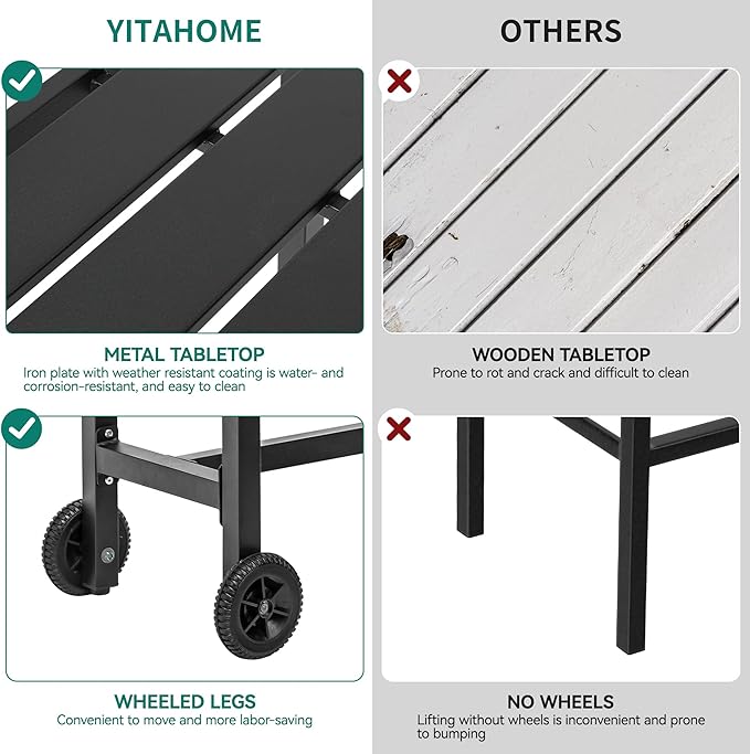YITAHOME Outdoor Bar Table, 55" Narrow Metal Patio Bar Height Table, Rectangle Console Table with Wheels, Tall Counter for Garden Poolside, Black
