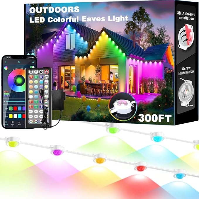 Permanent Outdoor Lights,Smart Eave Light RGB Color-Changing LED House Lighting with App & Remote, Christmas Light Effects, IP67 Weatherproof Outdoor Lights for Holidays & Christmas Decorations, 300FT