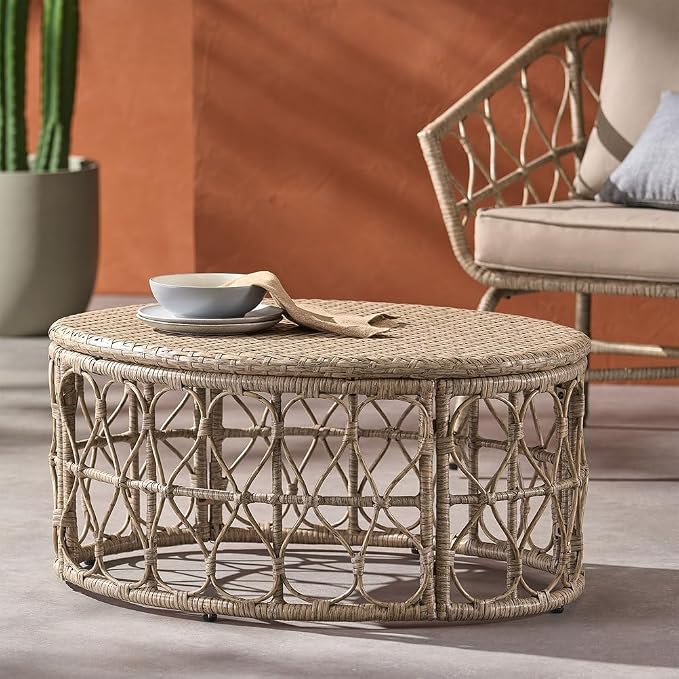 Outdoor Wicker Coffee Table, Circular Rattan Patio Table with Boho Design, PE Woven Outdoor Center Table for Backyard Patio Porch Deck, Durable All-Weather Frame, 32.5" Wide