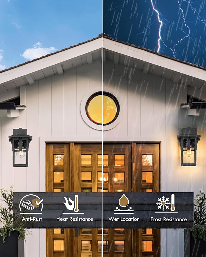 HWH INVESTMENT Outdoor Indoor Wall Sconce Exterior Wall Lantern with Seeded Glass Shade, Waterproof Porch Light Fixtures for Doorway, Hallway, Garage, Matte Black, 5HX62B BK