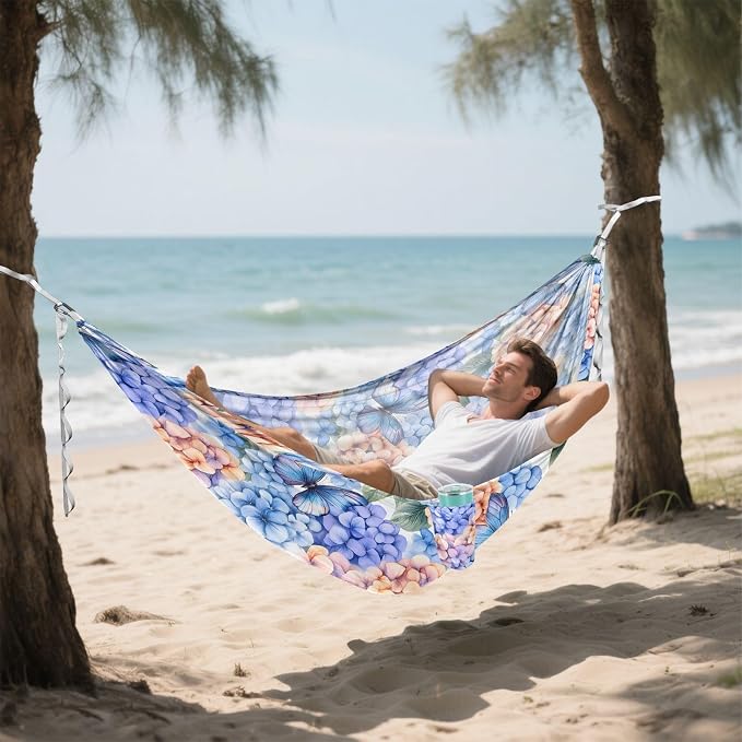 Camping Hammock Outdoor Hammocks for Outside Watercolor_ Different Hudrangea Flower Beach Trees Portable Lightweight with Pockets Tree Straps Indoor Small