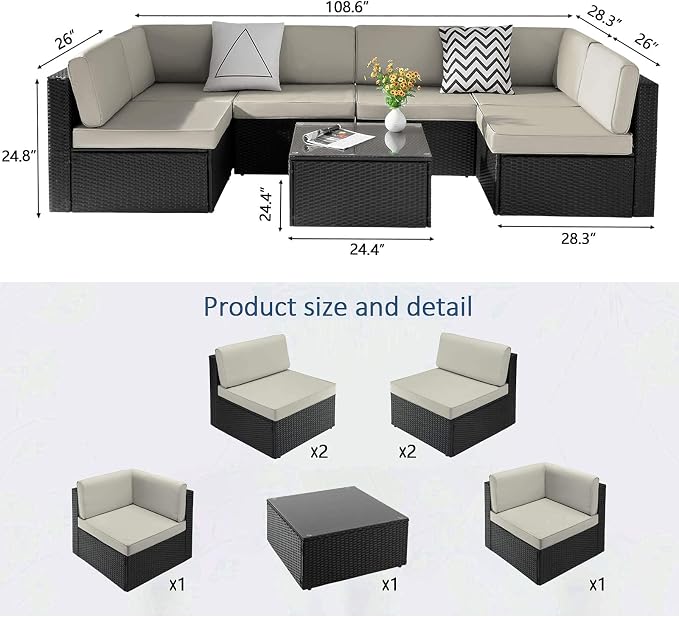 VITESSE Patio Furniture Sets All Weather Outdoor Sectional Sofa Manual Weaving Wicker Rattan Patio Conversation Set with Cushion and Glass Table (7 Pieces, Beige)