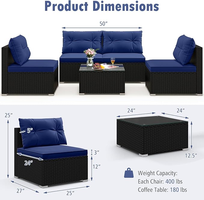 Tangkula 5 Piece Rattan Sofa Set, Outdoor Wicker Furniture Set w/Seat & Back Cushions, Square Coffee Table, Patio Sectional Sofa Set for Backyard, Poolside, Garden (Navy)