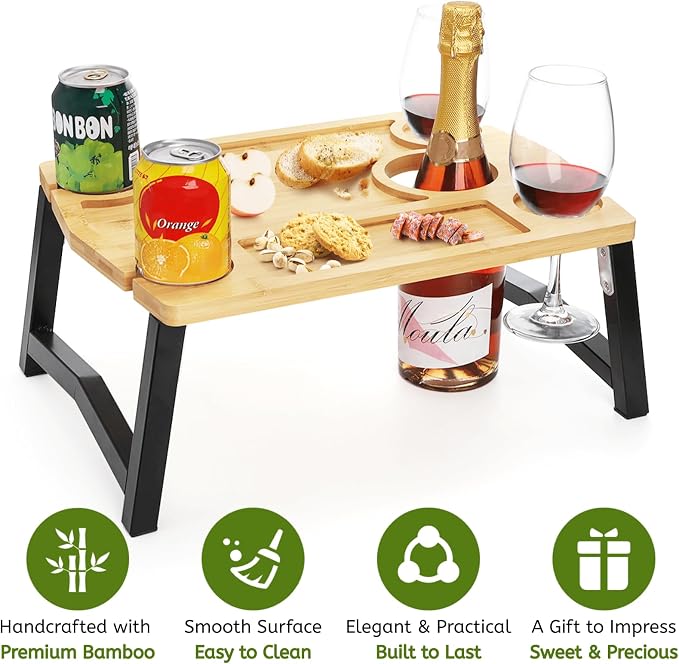 Youeon Portable Wine Picnic Table with Glass Holder, Foldable Durable Picnic Charcuterie Board, Small Wine Table Snack & Cheese Tray for Picnic, Beach, Camp, Park, Wine Lover Gift