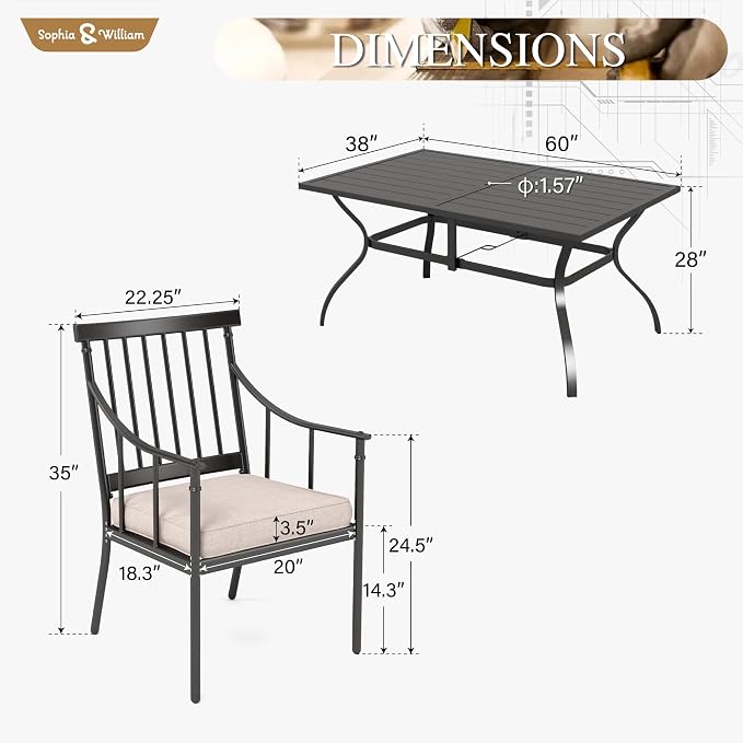 Sophia & William 7-Piece Patio Dining Set, Chairs, Straight Legs Chairs | Cushions, Umbrella Hole, 300 lbs Chair Capacity