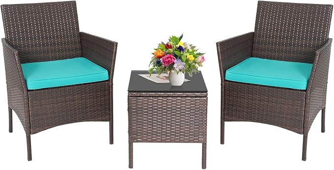 PayLessHere 3-Piece Outdoor Wicker Conversation Bistro Set Outdoor Patio Porch Furniture Sets for Yard, Garden with 2 PE Rattan Wicker Chairs, 2 Cushions,1 Coffee Table (Blue)