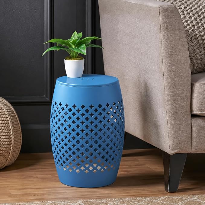 12" Outdoor Side Table, Decorative Cutout Metal Round Side Table, Multi Functional - Coffee Table, Night Stand, Plant Stand for Patio, Garden, Backyard, Gazebo Indoor (Blue)