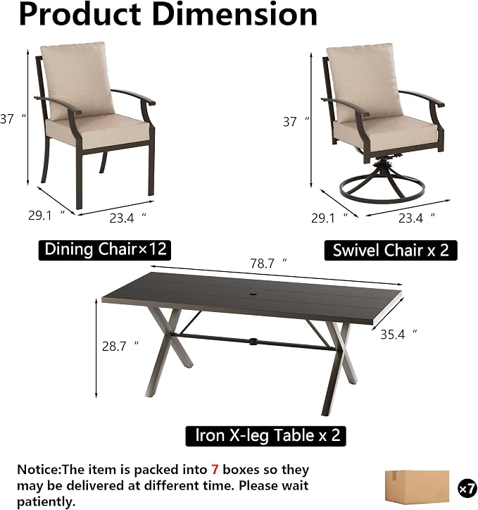 Kullavik 14PCS Outdoor Dining Set,Patio Dining Table and Chairs Set for 12,Fence Pattern Back Chairs with Thickened Cushions & Rectangular Metal Dining Table with Umbrella Hole for Patio,Sand