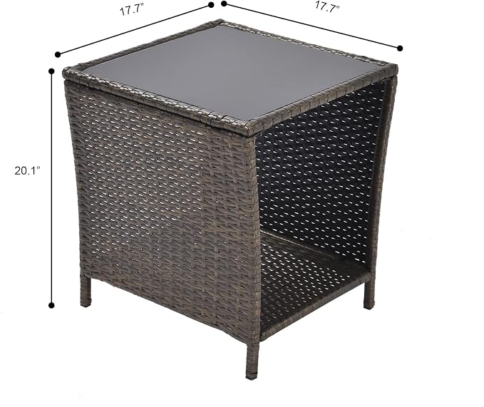 Patio Wicker Storage Side Table,Outdoor PE Rattan Woven Coffee End Table with Tempered Glass Top for Indoor Outdoor Porch Lawn Poolside Garden Backyard Balcony(Dark Blonde)