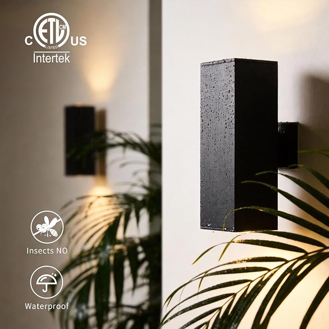 mirrea 18" Modern Outdoor Porch Light in 2 Lights, Matte Black, 4 Pack | Patio wall sconce, aluminum rectangular tube, tempered glass, waterproof. Up & down lighting for outdoor wall mount fixture.