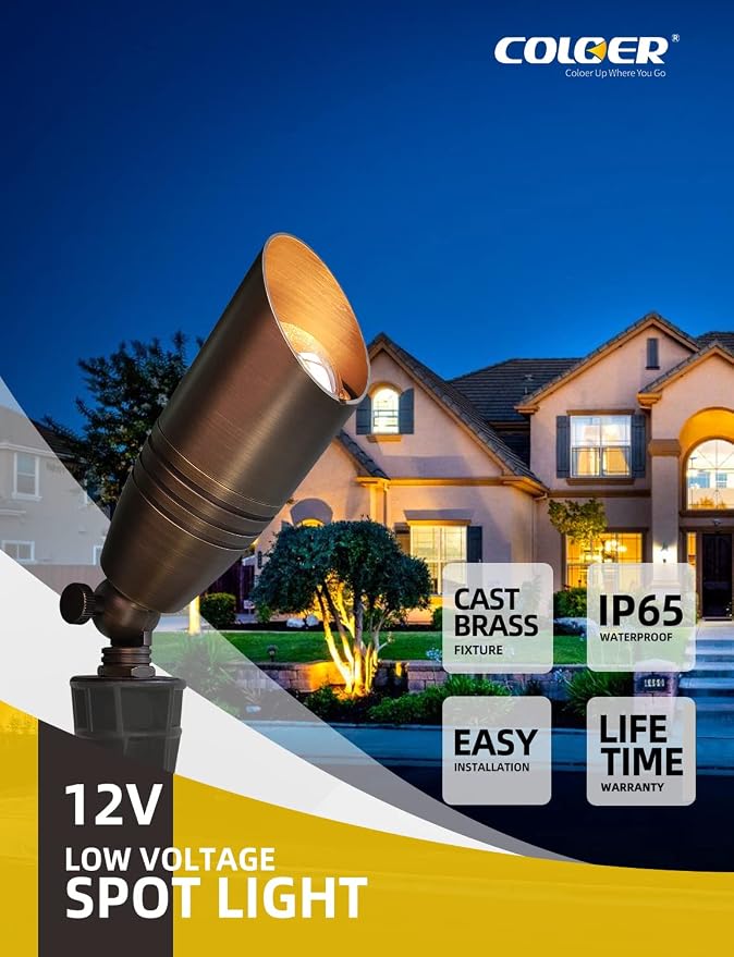 COLOER Brass Landscape Spotlights, 6 Pack Landscape Light Fixture with 5W Aluminum Housing MR16 LED Bulb 2700K 450LM,12V AC/DC Low Voltage Outdoor Spot Lighting,Uplight for Garden and Patio(102B)