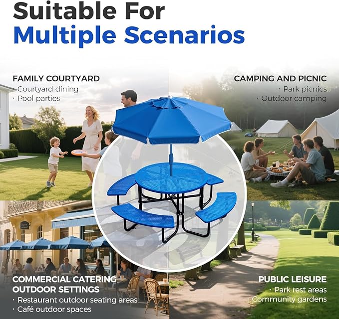 46" Coated Round Metal Picnic Table for 4-8 Person, Durable Heavy Duty Commercial Picnic Table with Umbrella Hole for Outdoor Coffee Shop, School, Easy to Install, Blue