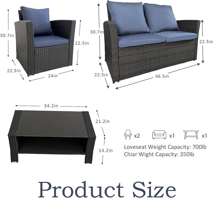 4 Piece Patio Furniture Set, All-Weather Wicker Sectional Conversation Set with Tempered Glass Table & Cushioned Sofa,Outdoor Sofa for Garden, Porch, Backyard (Black-Blue)