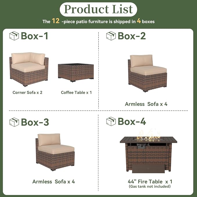 Aoxun 12 Piece Patio Furniture Set with 44” Fire Pit Table Wicker Rattan Outdoor Sectional Sofa Set with Coffee Table and Thickened Cushions, Beige