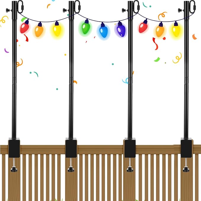 6 Pack Deck String Light Poles with Adjustable 3" Clamp, Outdoor Light Poles for String Lights Christmas Garden Backyard Deck Fence Railing Hanging Bird Feeders, Lanterns, Wind Chimes (28 Inch)