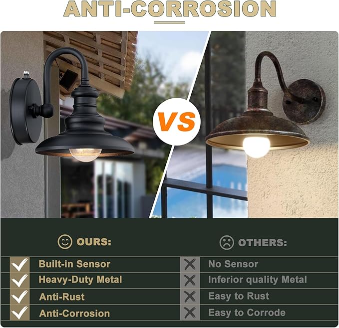 Dusk Dawn Sensor Outdoor Wall Sconce Black Exterior Gooseneck Barn Light | Waterproof Farmhouse Wall Mount Porch Lighting Fixture Anti-Rust Outside Lantern for House Garage Entryway