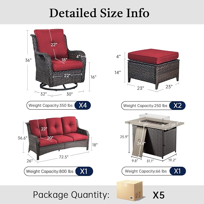 8 Piece Patio Furniture Set with 41" Fire Pit Table - Patio Conversation Set with 4 Inch Thick Cushions and Deep Seating Swivel Glider Chairs Set of 4 & Outdoor Couch for Porch Deck Yard Pool