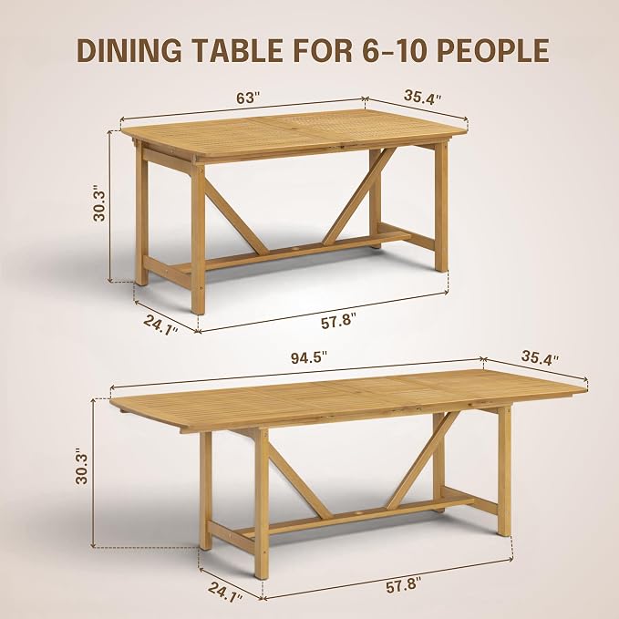 NTC Flexa Extendable Outdoor Dining Table, 63"–94.5" Solid Wood Patio Table for Patio Dining Sets with 6 Luno Chairs Weather Resistant, Easy Assembly, Natural