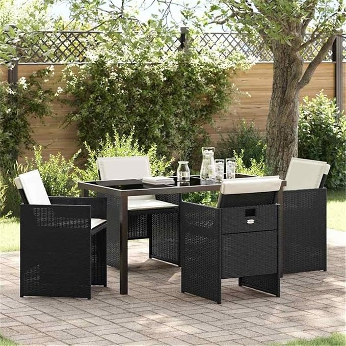 Afuera Living 5 Piece Poly Rattan Garden Dining Set, Black Finish, Metal Frame with Tempered Glass Tabletop, Weather-Resistant Outdoor Patio Seating, Modern Style, Seating Capacity 4