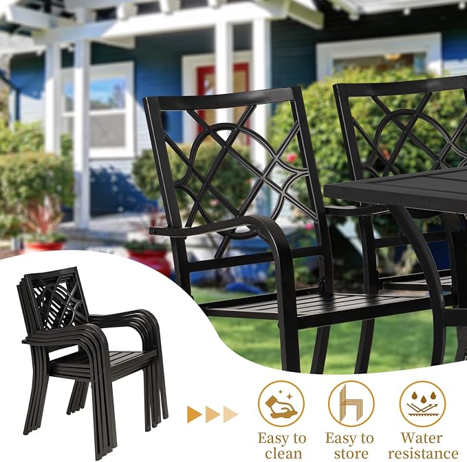SOLAURA 7-Piece Outdoor Patio Dining Set, 6 Person Outside Table and Chairs Set, Metal Stacked Chairs of 6, Slat Table Top with 1.57" Umbrella Hole (Black)