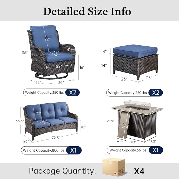 Patio Furniture Set with 41" Fire Pit Table - High Back Patio Conversation Set with 4 Inch Thick Cushions and Deep Seating Swivel Glider Chairs & Outdoor Couch for Porch Deck Yard Pool Brown