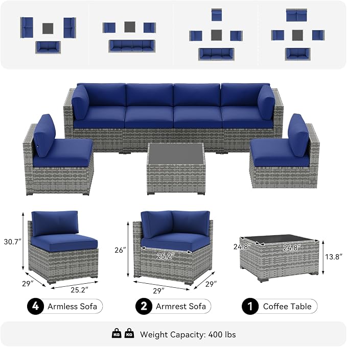 LazySunsets 7-Piece Patio Furniture Set, Wicker Rattan Outdoor Furniture with Thick Cushions, Patio Conversation Sets with Coffee Table, Outdoor Sectional Couch Sofa, Blue