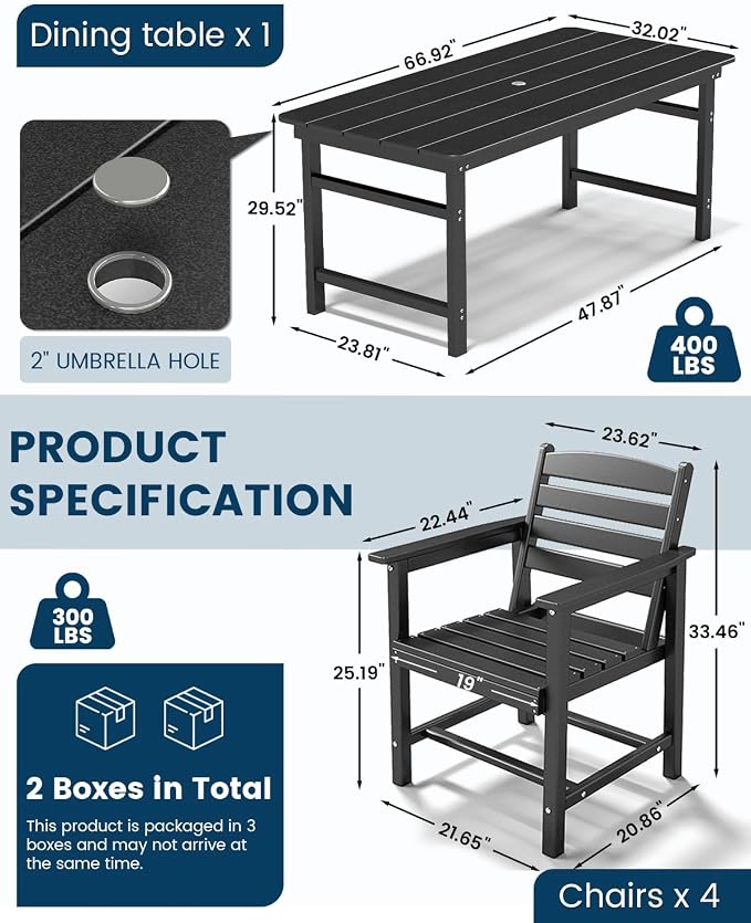 FOOWIN Outdoor Table and Chairs Set 5-Piece HDPE All Weather Patio Dining Set with Umbrella Hole,Outdoor Patio Furniture Dining Set for 4,Patio Kitchen Table Set for Garden,Backyard,Poolside Black