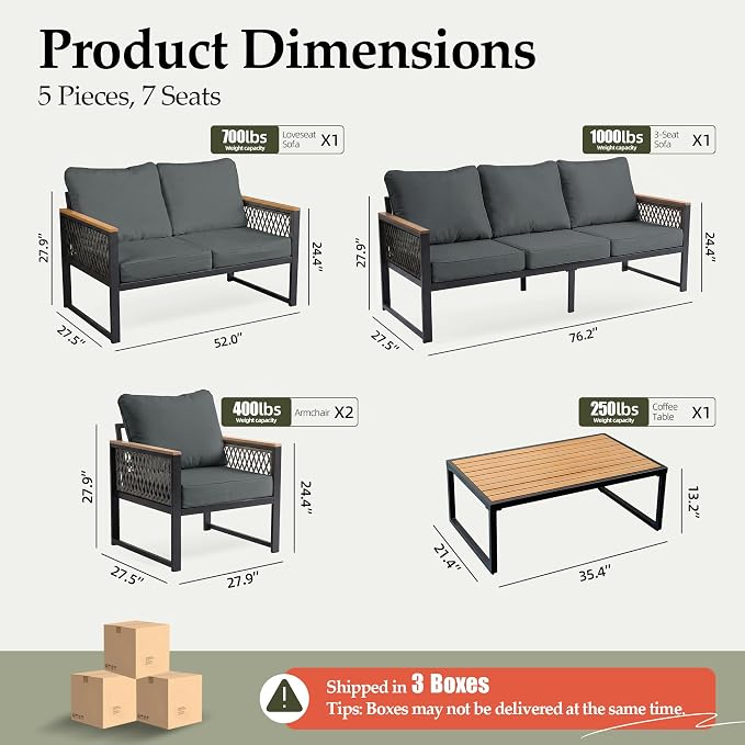 UPHA 5 Pieces Patio Furniture Set, Metal Outdoor Sectional Couch Set with Loveseat & 3-Seat Sofa, 2 Chairs, Coffee Table, Modern Patio Conversation Set for Porch Balcony Deck, 7 Seats, Gray