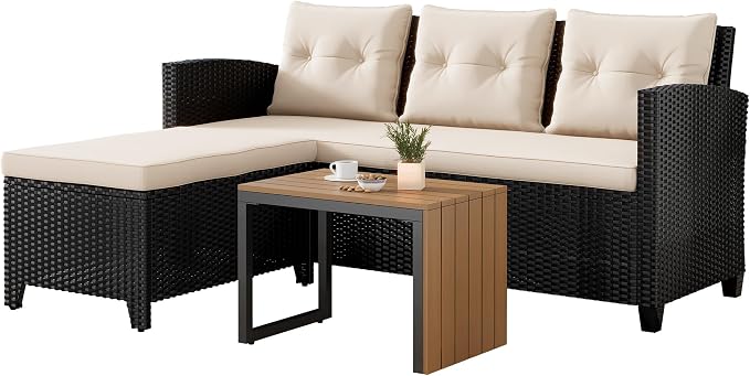 Suntone Outdoor Wicker Patio Furniture Sets, Patio Conversation Set - 3 Piece Patio Sectional Sofa Set, Coffee Table, Black/Beige