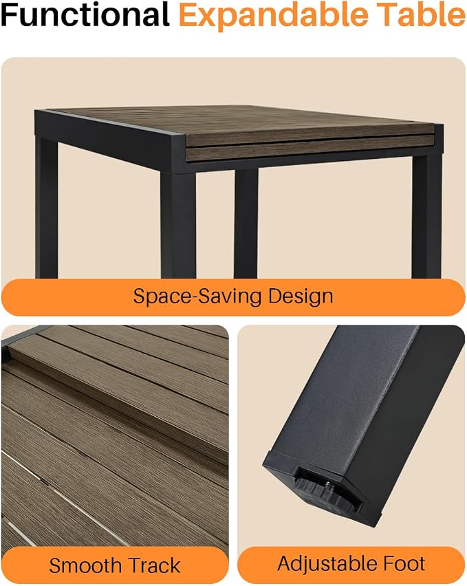 Extendable Outdoor Dining Table for 4-6 Person, Rust-Free Aluminum Expandable Patio Dining Table, 32"-65" Adjustable Square/Rectangle Extendable Patio Table for Garden, Lawn, Deck, Limed Oak