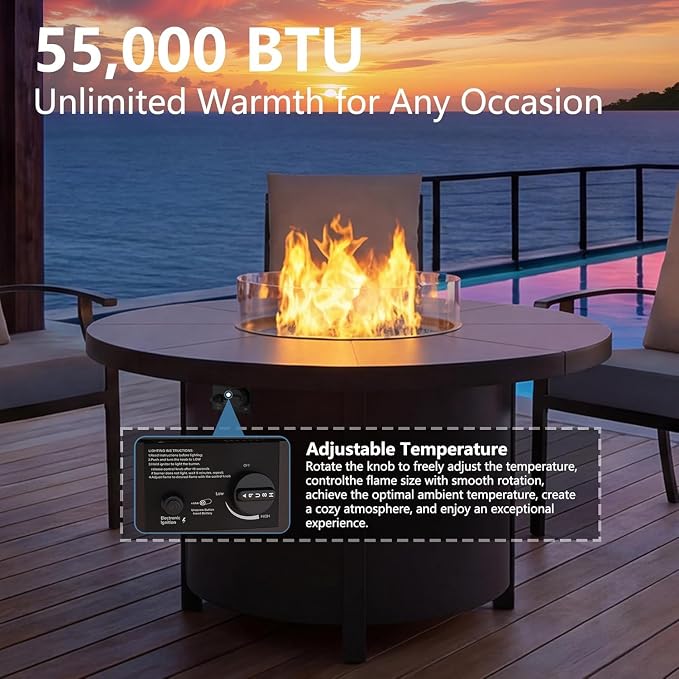 5 Pieces Outdoor Patio Furniture Set with 48" 55000 BTU Round Propane Fire Pit Table,Patio Dining Set Outdoor Conversation Sets 4 Swivel Chairs for Deck,Backyard and Garden,Dark Blue