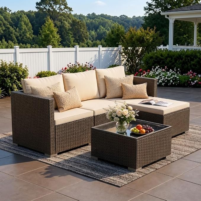 WWR Patio Furniture Set 5 Piece - Wide Armrests - All-Weather Wicker Rattan Outdoor Patio Conversation Couch Sets, Modular Sectional Sofa for Garden, Patio, Poolside, Backyard, Balcony, Porch,Khaki