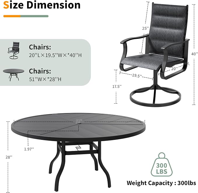 UDPATIO 7 Piece Outdoor Patio Dining Set, Outdoor Patio Table and Chairs Set, 51" Round Table with Umbrella Hole, Patio Swivel Chairs, Patio Table with Chairs for Lawn, Deck, Yard, Backyard