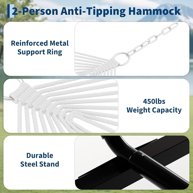 GarveeHome Portable 2 Person Double Hammock with Sturdy Heavy-Duty Steel Stand – 450LBS Max Load, Quick & Effortless Assembly, Perfect for Indoor Living, Yard, Patio & Camping Trips