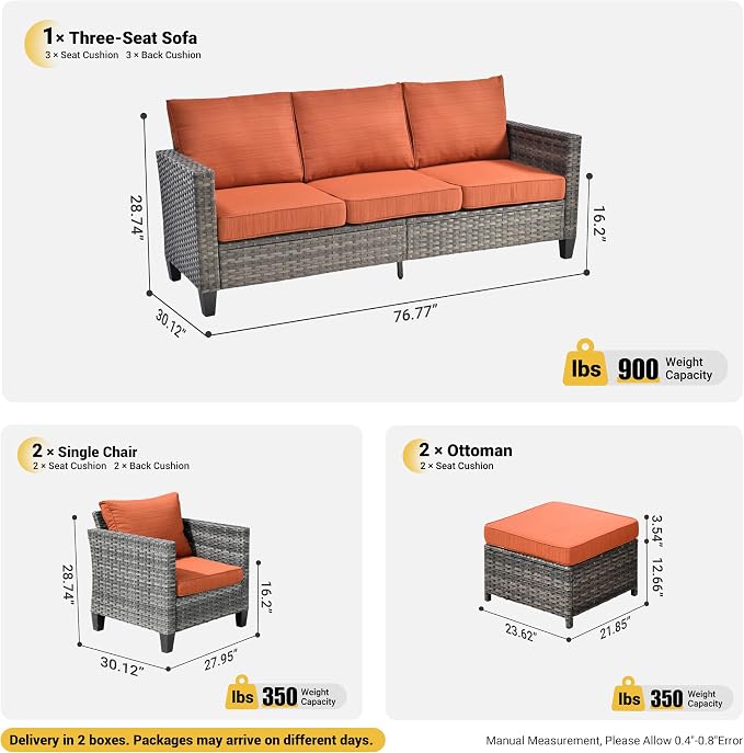 ovios Patio Furniture Set, 5 Pieces Outdoor Wicker Sofa Couch with Chairs, Ottomans and Comfy Cushions, All Weather High Back Rattan Conversation Set, Orange Red