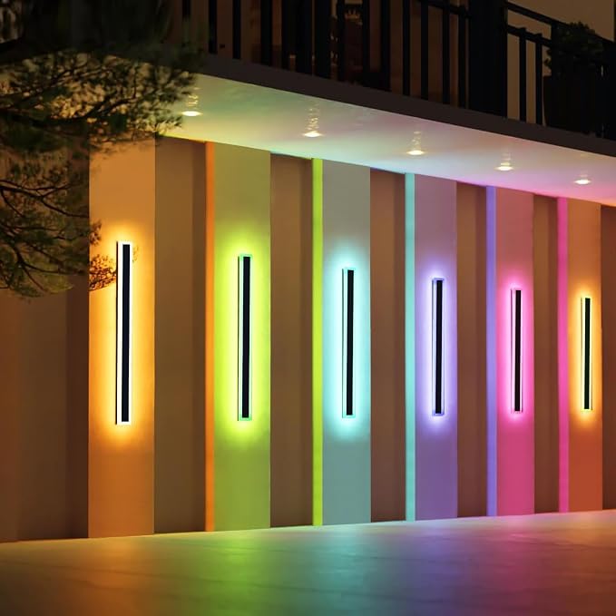 23.6inch Outdoor Modern Wall Light, 10 Colour RGB Dimmable Long Wall Sconce, IP65 Waterproof Simple Acrylic Exterior Garage Lighting Fixtures for Patio House Garage, Front Door, Porch