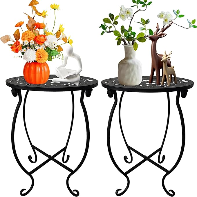 Outdoor Side Tables, 10" Round 15" Tall Patio Side Table, Set of 2 Metal Small Round Side Table for Patio Yard Porch Balcony Garden Bedside, Plant Stand for Indoor Outdoor