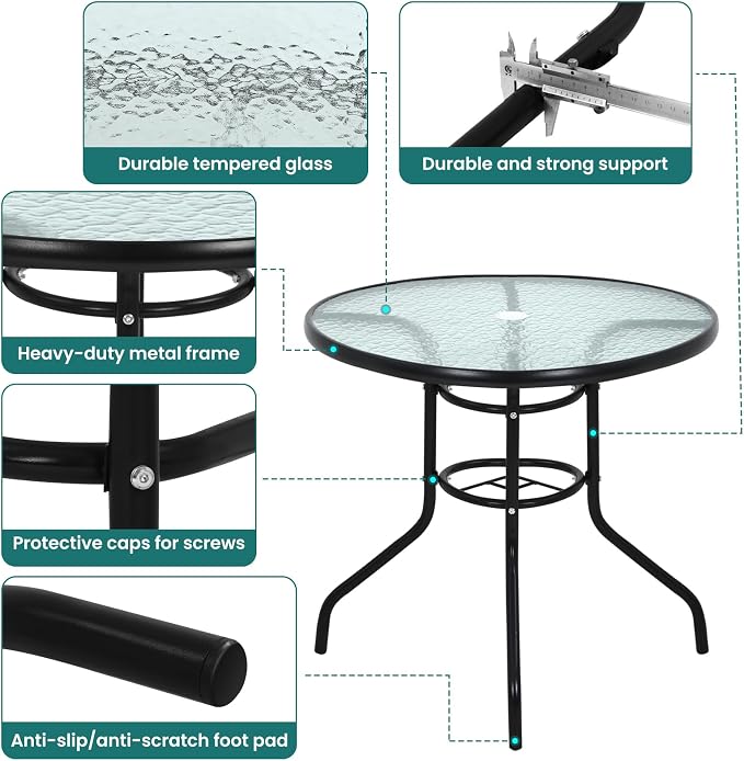 32'' Patio Bistro Table Round Outdoor Coffee Table, Round Tempered Glass Top with Umbrella Hole, Outdoor Dining Table for Balcony Backyard Lawn and Garden, Black